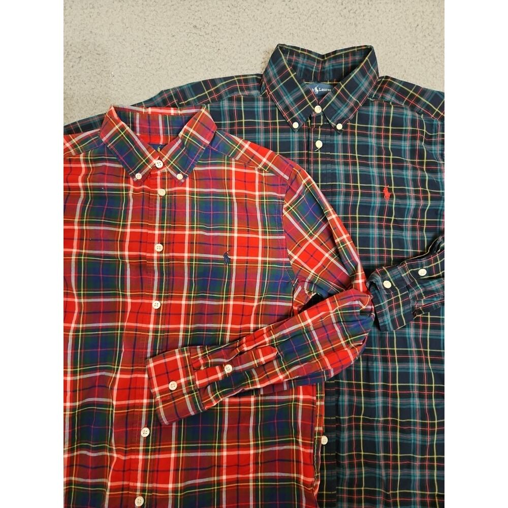 POLO Ralph Lauren YOUTH LARGE 14 / 16 plaid green red long sleeve Lot of 2